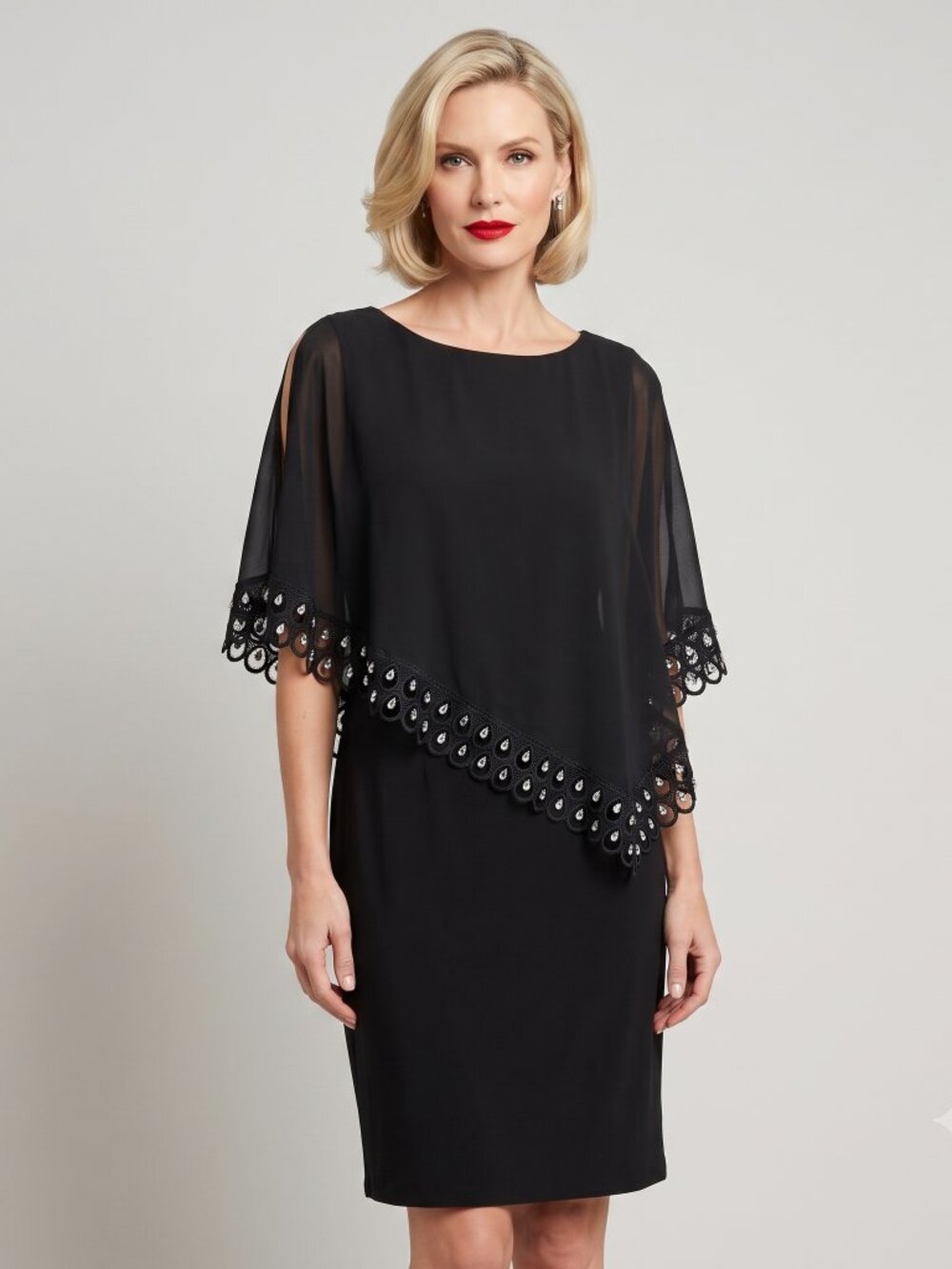 Prelude Black Asymmetric Overlay Evening Cocktail Shft Dress Size Large Beaded